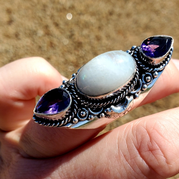 New Rainbow Moonstone & Amethyst 925 Silver Statement Ring. - Picture 6 of 16